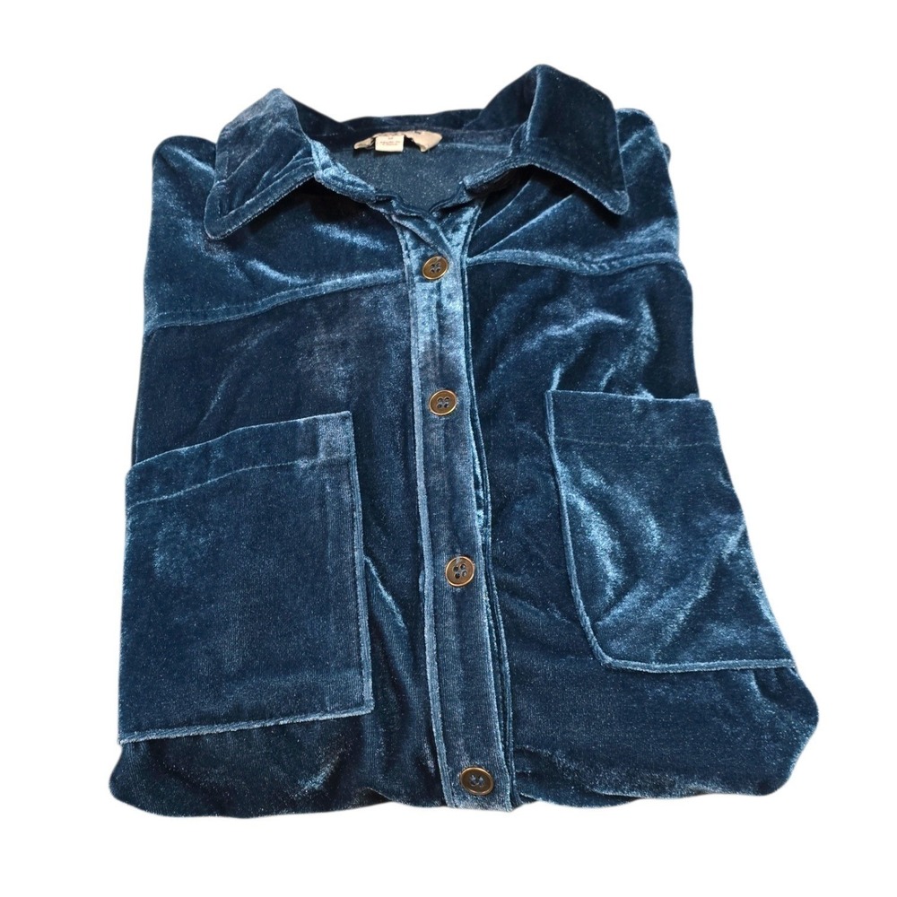 Umgee Velvet Button Down Shirt Womens Peacock Teal Blue Shirt C0719 Medium - Picture 4 of 11